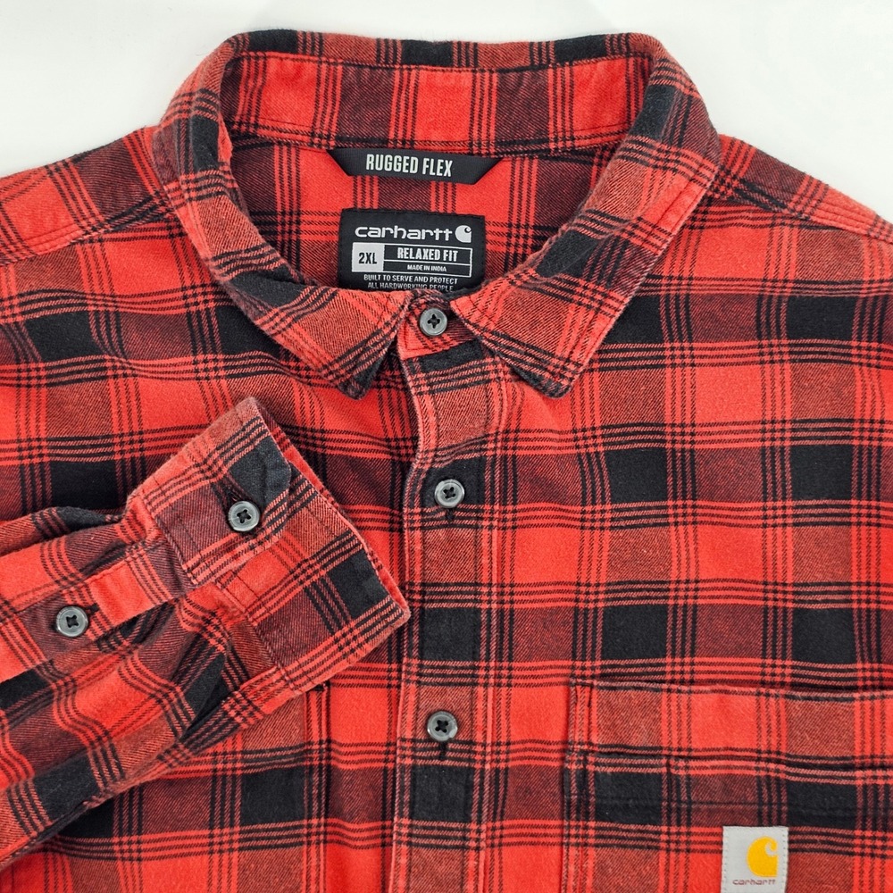 Carhartt Flannel Shirt Mens 2XL Red Black Rugged Flx Relaxed Fit Plaid Button Up